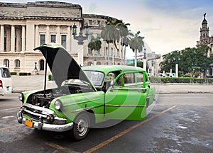 Old American retro car (50th years of the last century), an iconic sight in the city, on the Malecon street January 27, 2013 in O
