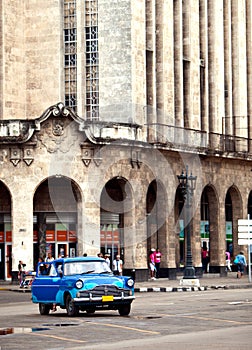 Old American retro car (50th years of the last century), an iconic sight in the city, on the Malecon street January 27, 2013 in