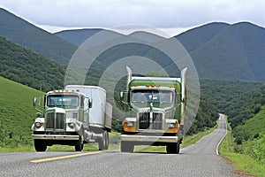 Old american truck driving on the highway