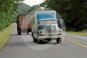 Old american truck driving on the highway