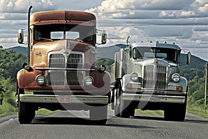 Old american truck driving on the highway