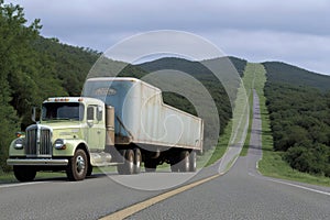 Old american truck driving on the highway