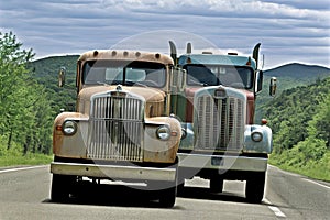 Old american truck driving on the highway