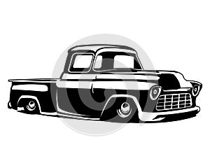 old american truck logo isolated on white background showing from side.