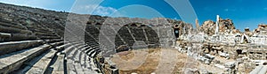 Old amphitheater in Side, Turkey. Panorama view photo. Ruins of ancient city