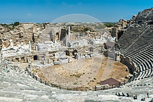 Old amphitheater in Side, Turkey. Ruins of ancient city