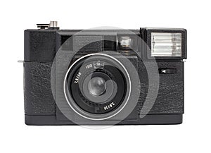 Old analog rangefinder camera on film 35mm format isolated on a white background