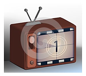 Old analog tube television with a countdown to the start of the movie on the screen. Old film in retro style. Vector illustration