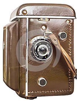 Old Analog Twin Lens Reflex Camera In Brown Leather Case Isolated On White Background