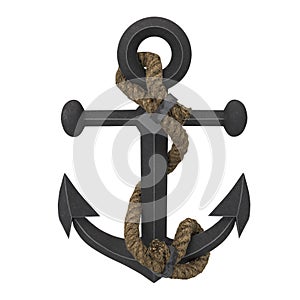 Old anchor with rope on an isolated white background. 3d illustration