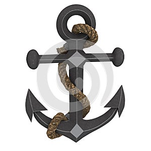Old anchor with rope on an isolated white background. 3d illustration