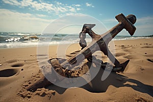 Old anchor on the sea coast, large heavy anchor. Old rusty anchor on the beach in the sand