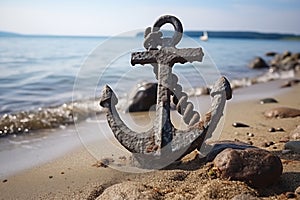 Old anchor on the sea coast, large heavy anchor. Old rusty anchor on the beach in the sand