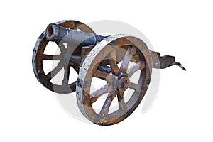 Old ancient cannon. Battle cannon from medieval ages isolated on white background