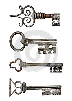 Old ancient key collection isolated