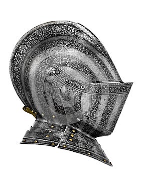 Old ancient medieval helmet isolated on white