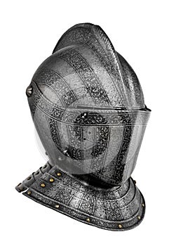 Old ancient medieval helmet isolated on white