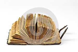 Old ancient open book on white background