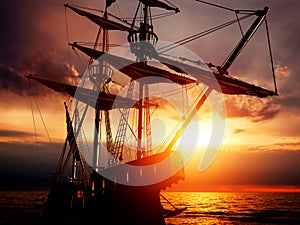 Old ancient pirate ship on peaceful ocean at sunset.