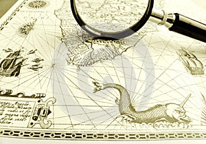 Old Ancient sea chart, magnifier