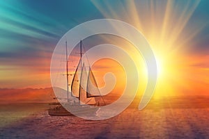 Old ancient ship on peaceful ocean at sunset. Calm waves reflection, sun setting. Copy space