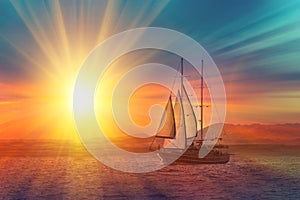 Old ancient ship on peaceful ocean at sunset. Calm waves reflection, sun setting. Copy space