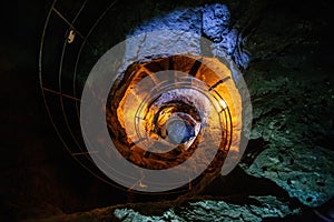 Old ancient spiral staircase in the well Tik Kuyu, in Chufut Kale, Bakhchisaray, Crimea Bakhchisarai Crimea