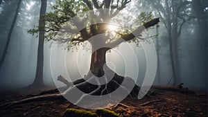 Old ancient tree stamp in spooky fantasy forest with fog. Highly detailed and realistic design