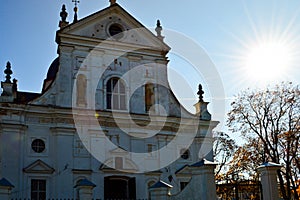 Old ancient white poor stone shabby Christian Orthodox church with crosses