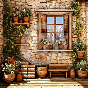 Old ancient wooden window with shutters on facade of old Italian house. Scenic original and colorful view of antique window