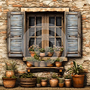 Old ancient wooden window with shutters on facade of old Italian house. Scenic original and colorful view of antique window