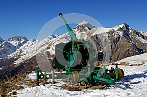Old anti-avalanche gun. Central Caucasian ridge. Karachay-Cherkessia, Russia