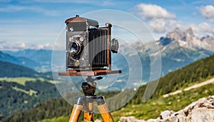 old antique bellows film camera on wooden tripod taking picture of landscape, outdoors photography, close up side rear view of