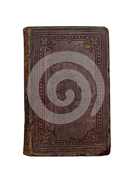 Old, antique book with worn leather cover isolated on white background. Vintage.