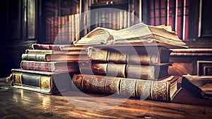 Old antique books with tattered leather covers on a wooden table in a library, made with generative ai