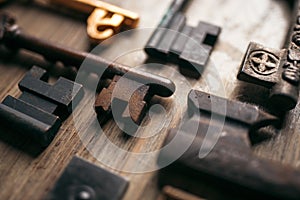 Old antique keys close-up on a wooden background