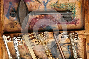 Old antique keys on a vintage background with a shabby paint