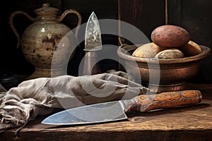 old antique knife next to a vintage sharpening stone