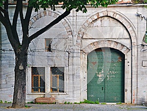 Old antique metallic green door on marble wall