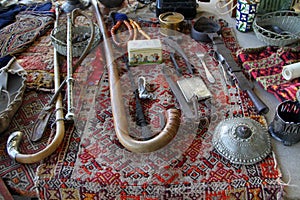 Old antique objects at bazaar on sale
