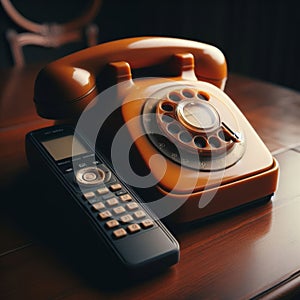 Old antique telephone sits next to modern cordless phone