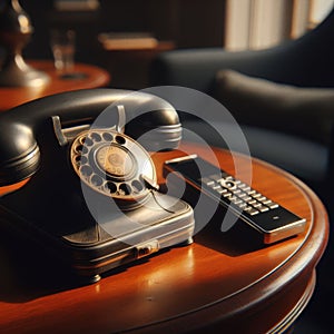 Old antique telephone sits next to modern cordless phone