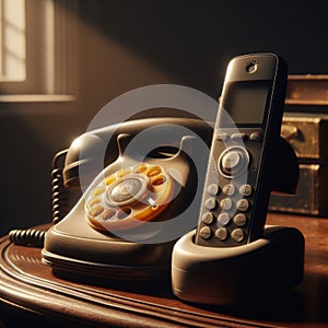Old antique telephone sits next to modern cordless phone