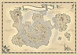 Old antique treasure map. Cartoon island map template for next level game - adventures quest or treasure hunt. Pirate