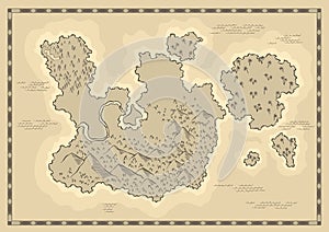 Old antique treasure map. Cartoon island map template for next level game - adventures quest or treasure hunt. Pirate