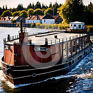 Old antique wooden barge, boat used for travel on rivers lakes and canals