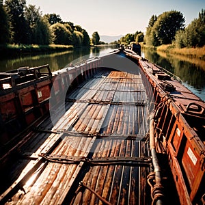 Old antique wooden barge, boat used for travel on rivers lakes and canals