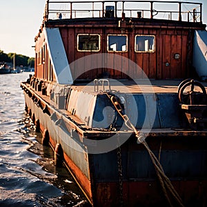 Old antique wooden barge, boat used for travel on rivers lakes and canals