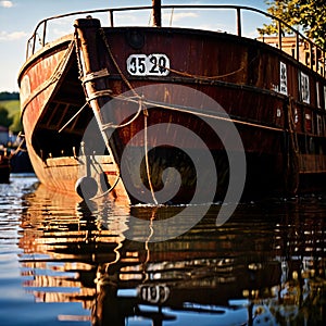 Old antique wooden barge, boat used for travel on rivers lakes and canals