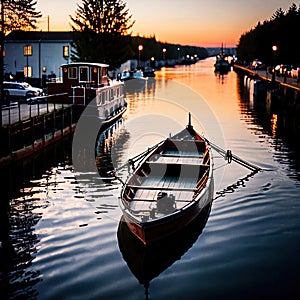 Old antique wooden barge, boat used for travel on rivers lakes and canals